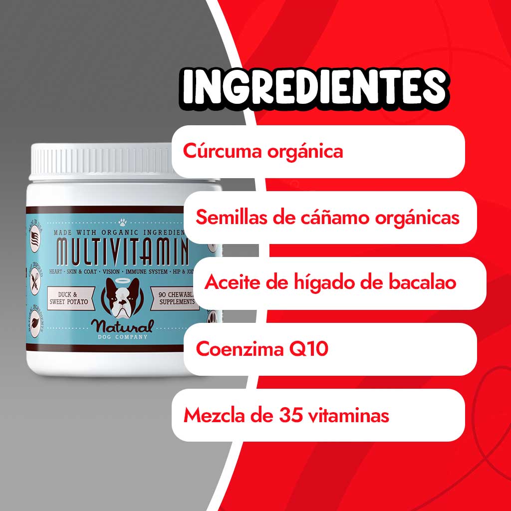 Ingredientes de las vitaminas para perros en masticables de la marca Natural Dog Company vendido en Dogytoon